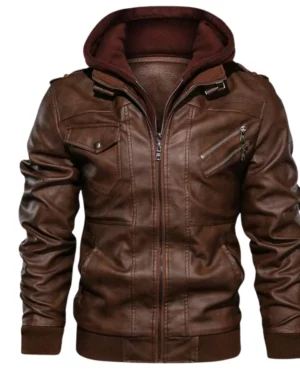 Raptor Brown Hooded Leather Bomber Jacket
