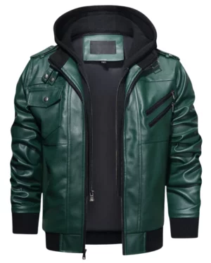 Raptor Green Hooded Leather Bomber Jacket