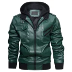 Raptor Green Hooded Leather Bomber Jacket