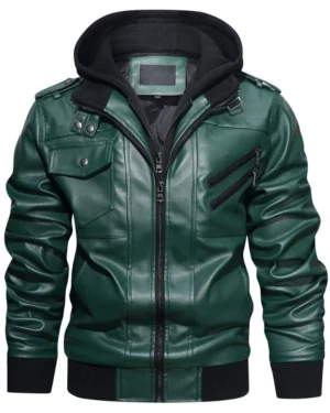 Raptor Green Hooded Leather Bomber Jacket