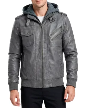 Raptor Grey Hooded Leather Bomber Jacket
