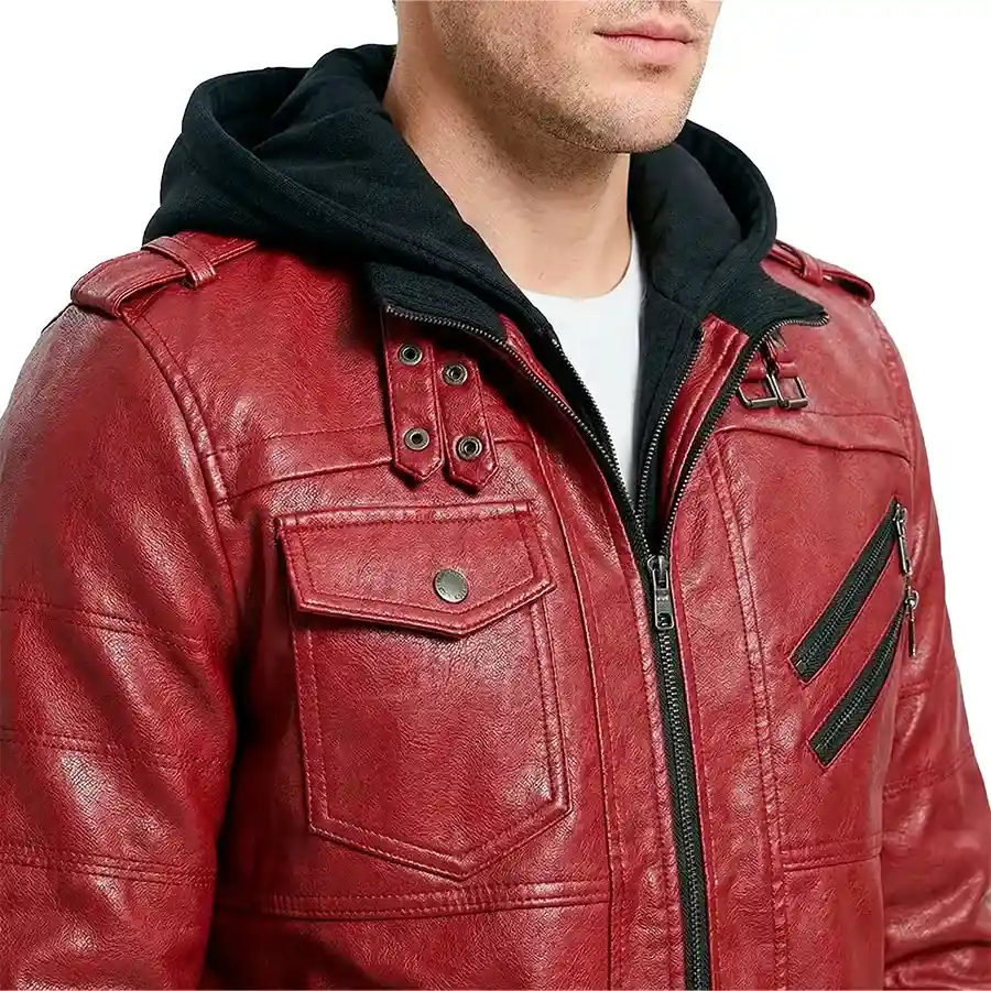 Raptor Red Hooded Leather Bomber Jacket - Image 7