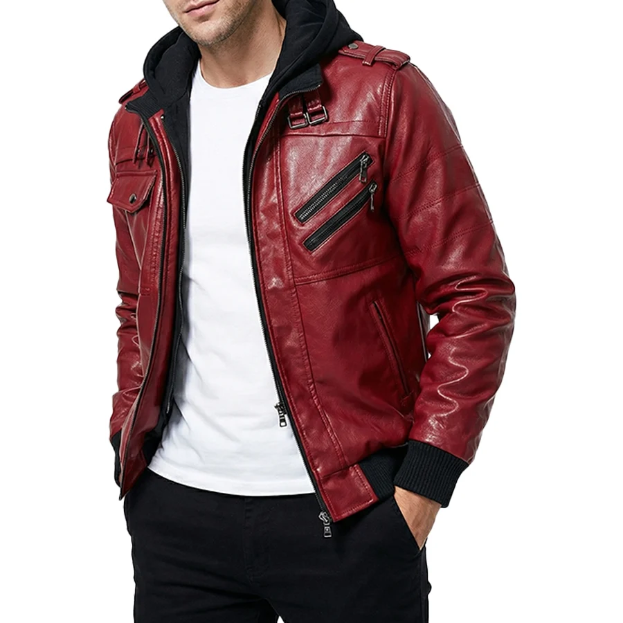 Raptor Red Hooded Leather Bomber Jacket - Image 4