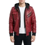 Raptor Red Hooded Leather Bomber Jacket