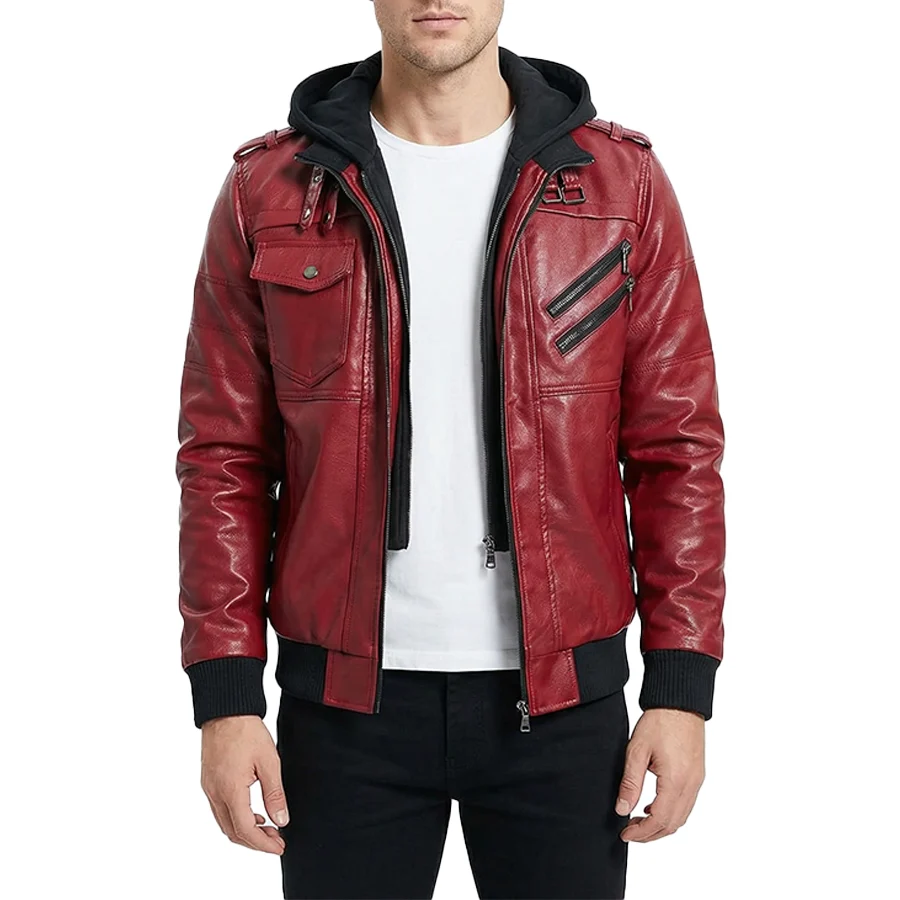 Raptor Red Hooded Leather Bomber Jacket