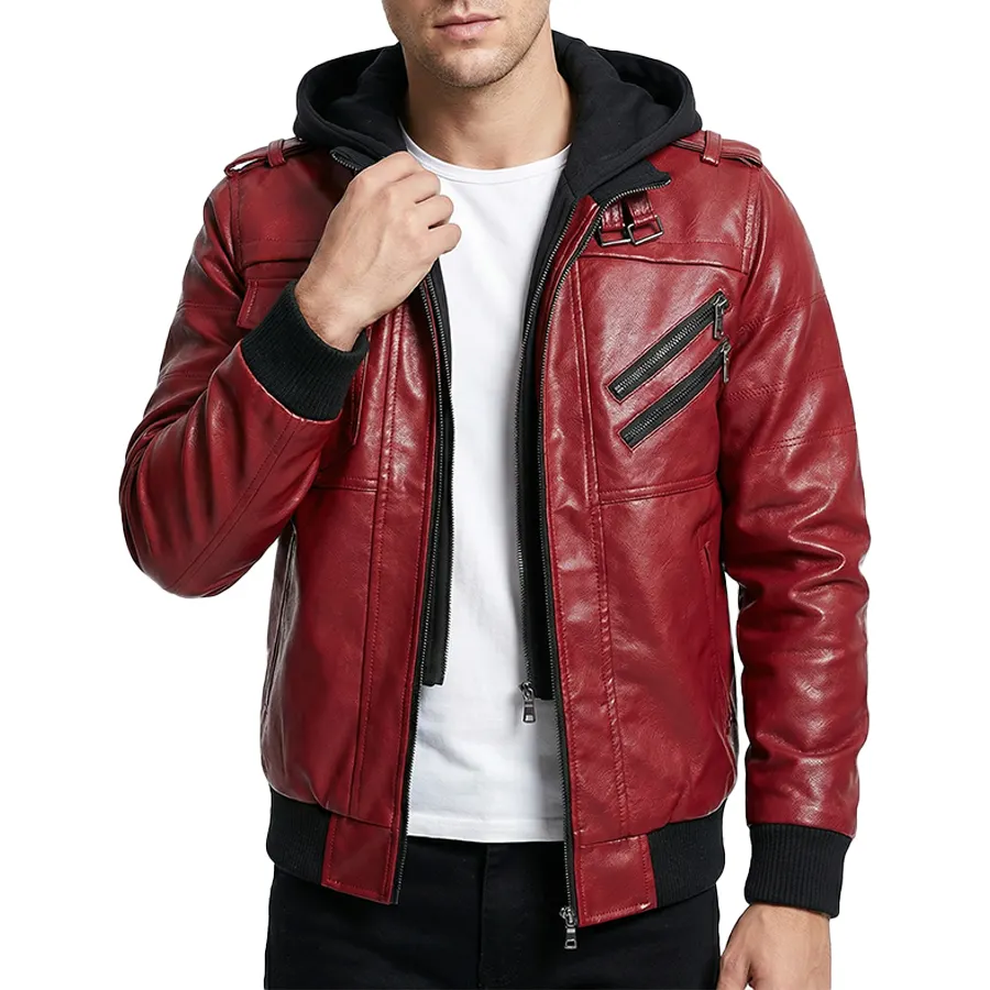 Raptor Red Hooded Leather Bomber Jacket - Image 2