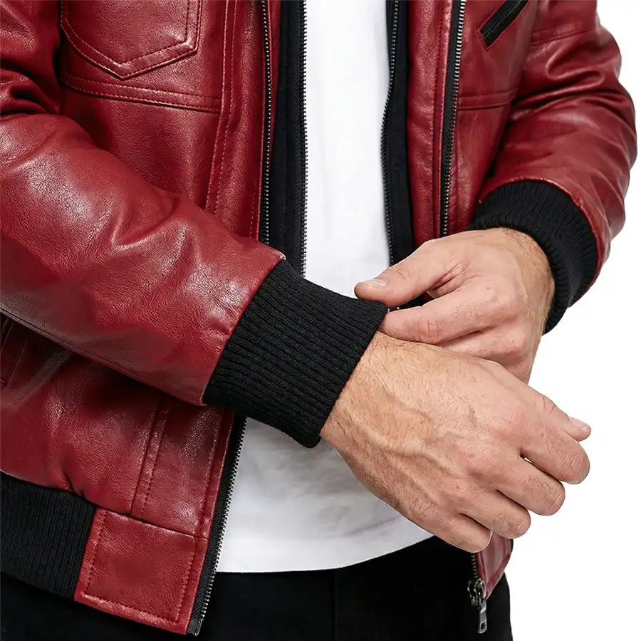 Raptor Red Hooded Leather Bomber Jacket - Image 5