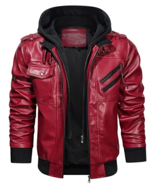 Raptor Red Hooded Leather Bomber Jacket