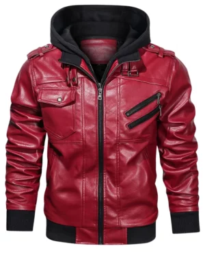 Raptor Red Hooded Leather Bomber Jacket
