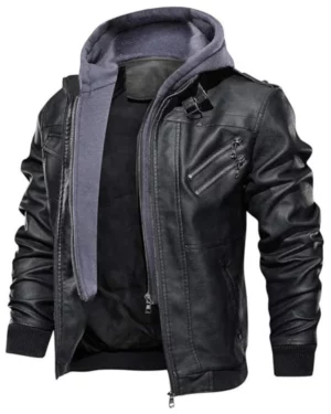 Raptor Vintage Black Hooded Leather Bomber Jacket