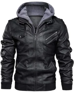Raptor Vintage Black Hooded Leather Bomber Jacket