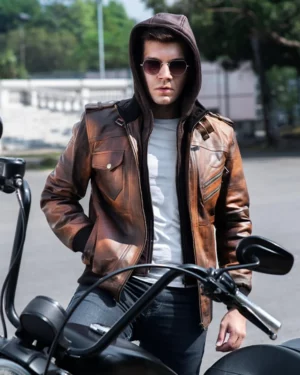 Raptor Vintage Brown Hooded Leather Bomber Jacket