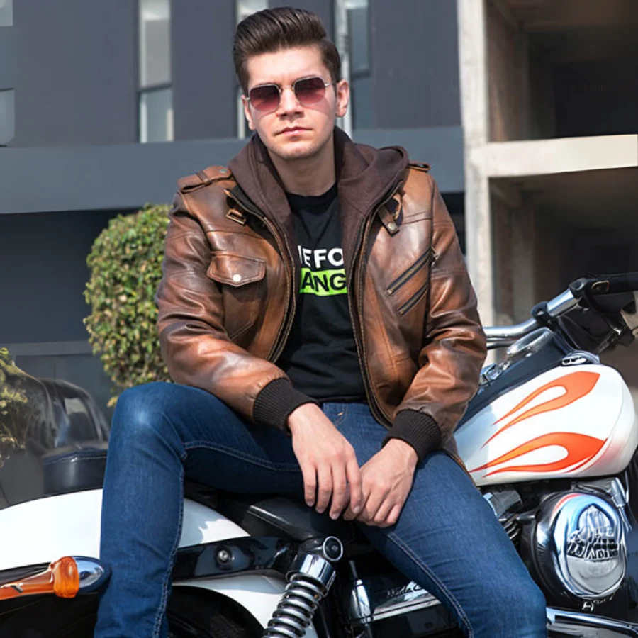 Raptor Vintage Brown Hooded Leather Bomber Jacket - Image 2