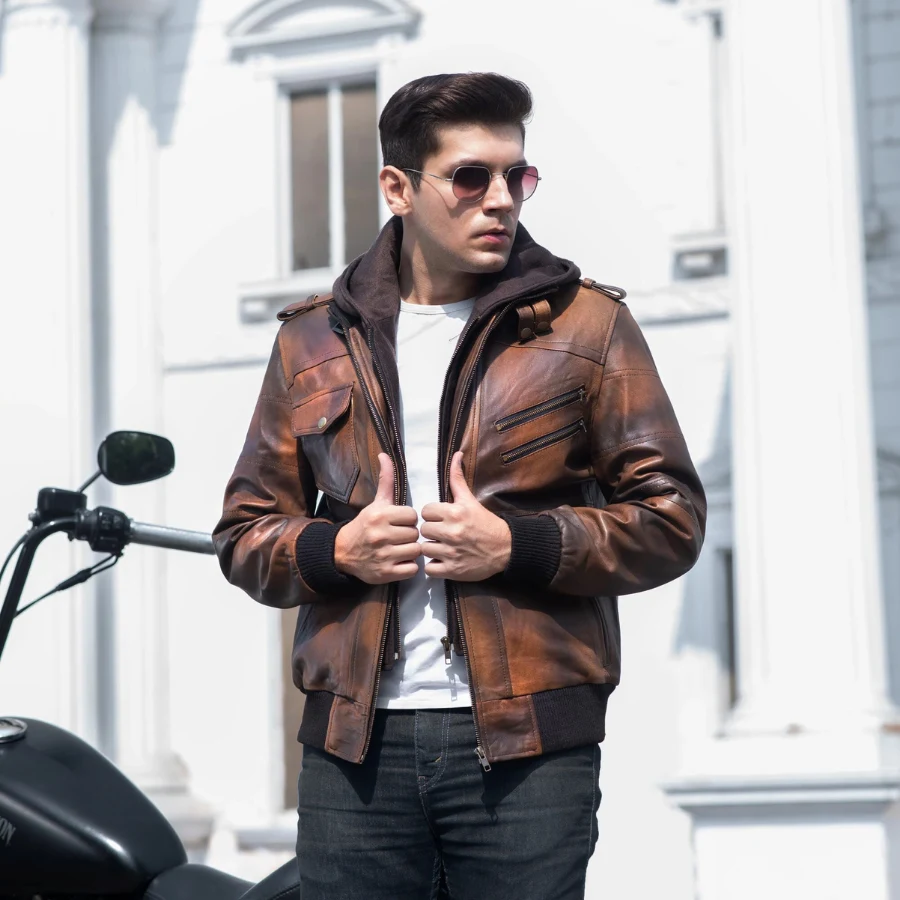 Raptor Vintage Brown Hooded Leather Bomber Jacket - Image 4