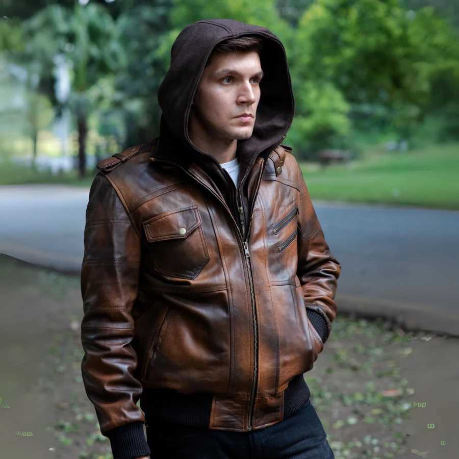 Raptor Vintage Brown Hooded Leather Bomber Jacket - Image 6