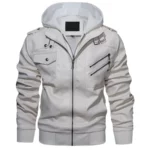 Raptor White Hooded Leather Bomber Jacket