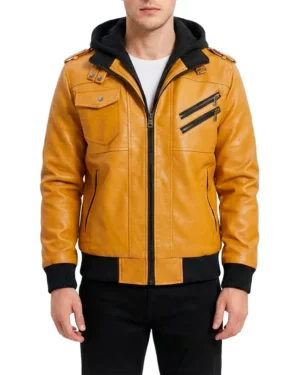 Raptor Yellow Hooded Leather Bomber Jacket