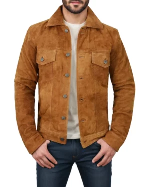 Men’s tan suede trucker jacket in classic standing pose featuring button closure, dual chest flap pockets, and smooth, luxurious suede texture