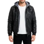 Dean Black Hooded Leather Bomber Jacket
