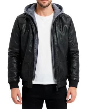 Dean Black Hooded Leather Bomber Jacket