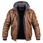 Dean Camel Brown Hooded Leather Bomber Jacket
