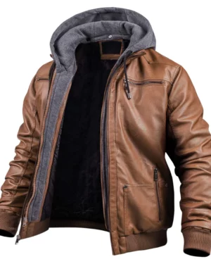 Dean Brown Hooded Leather Bomber Jacket
