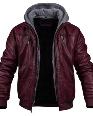 Dean Maroon Hooded Leather Bomber Jacket