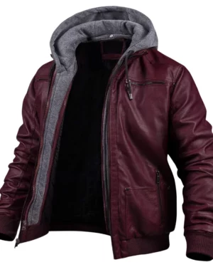 Dean Maroon Hooded Leather Bomber Jacket