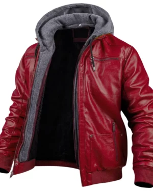 Dean Red Hooded Leather Bomber Jacket
