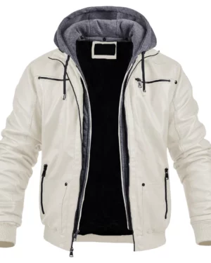 Dean White Hooded Leather Bomber Jacket