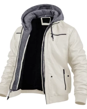 Dean White Hooded Leather Bomber Jacket