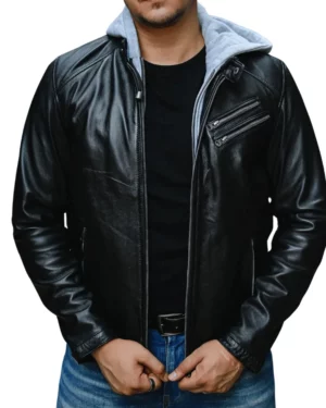 Derrick Black Hooded Leather Bomber Jacket
