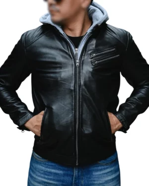 Derrick Black Hooded Leather Bomber Jacket
