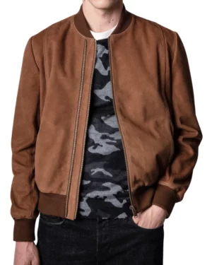 Hudson Tan Brown Suede Bomber Jacket Front