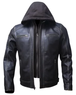 Nico Distressed Black Hooded Leather Biker Jacket