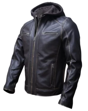 Nico Distressed Black Hooded Leather Biker Jacket