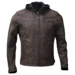 Nico Distressed Brown Hooded Leather Biker Jacket