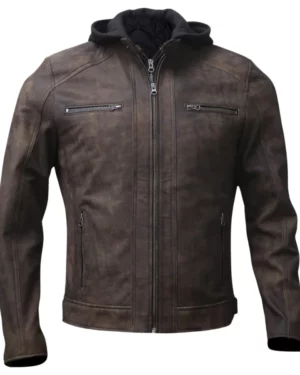 Nico Distressed Brown Hooded Leather Biker Jacket
