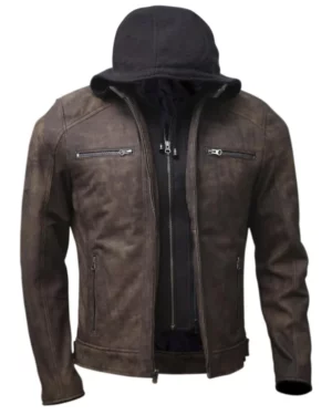 Nico Distressed Brown Hooded Leather Biker Jacket