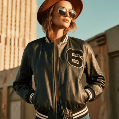 A stylish woman wearing a black leather varsity jacket with striped cuffs and hem, featuring a bold "6" patch on the chest. She accessorizes with aviator sunglasses and a wide-brimmed brown hat, standing in a sunlit urban environment with tall buildings in the background