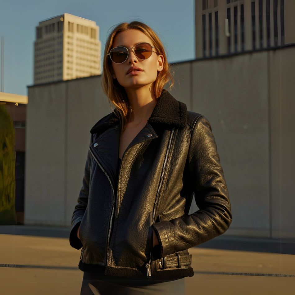 Women’s black shearling-collar leather biker jacket with aviator sunglasses on urban rooftop — women’s outerwear fashion