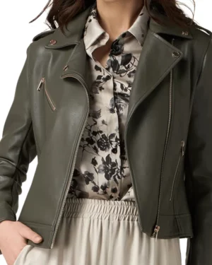 Anna Army Green Leather Biker Jacket