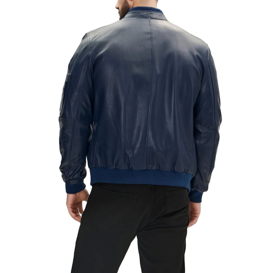 Back view of men's blue leather bomber jacket, emphasizing the quality leather craftsmanship, ribbed waistband, and elegant stitching detail ideal for a contemporary look