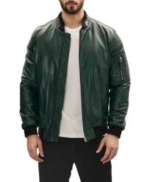 Men's green leather bomber jacket unzipped, worn over a casual white tee, emphasizing versatility, layering potential, and laid-back urban style