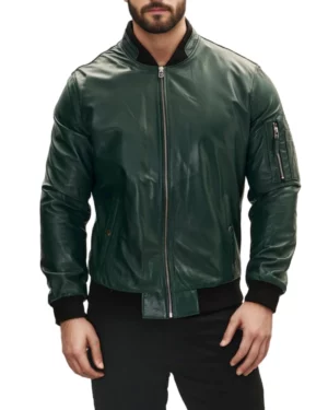 Men’s stylish green leather bomber jacket front view, featuring ribbed cuffs, full zipped closure, and a classic ribbed collar design, ideal for casual or semi-formal outfits.