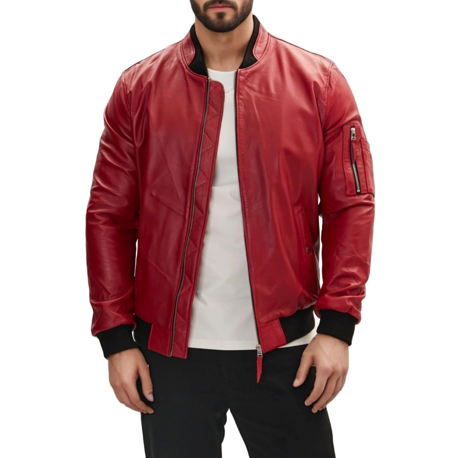 Men's red leather bomber jacket unzipped, worn over a casual white tee, emphasizing versatility, layering potential, and laid-back urban style