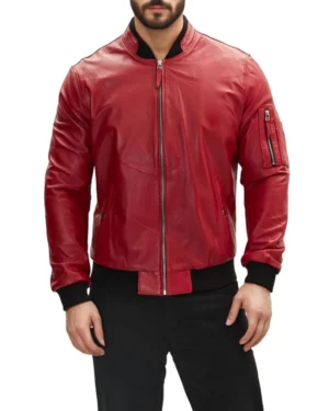 Men’s stylish red leather bomber jacket front view, featuring ribbed cuffs, full zipped closure, and a classic ribbed collar design, ideal for casual or semi-formal outfits.