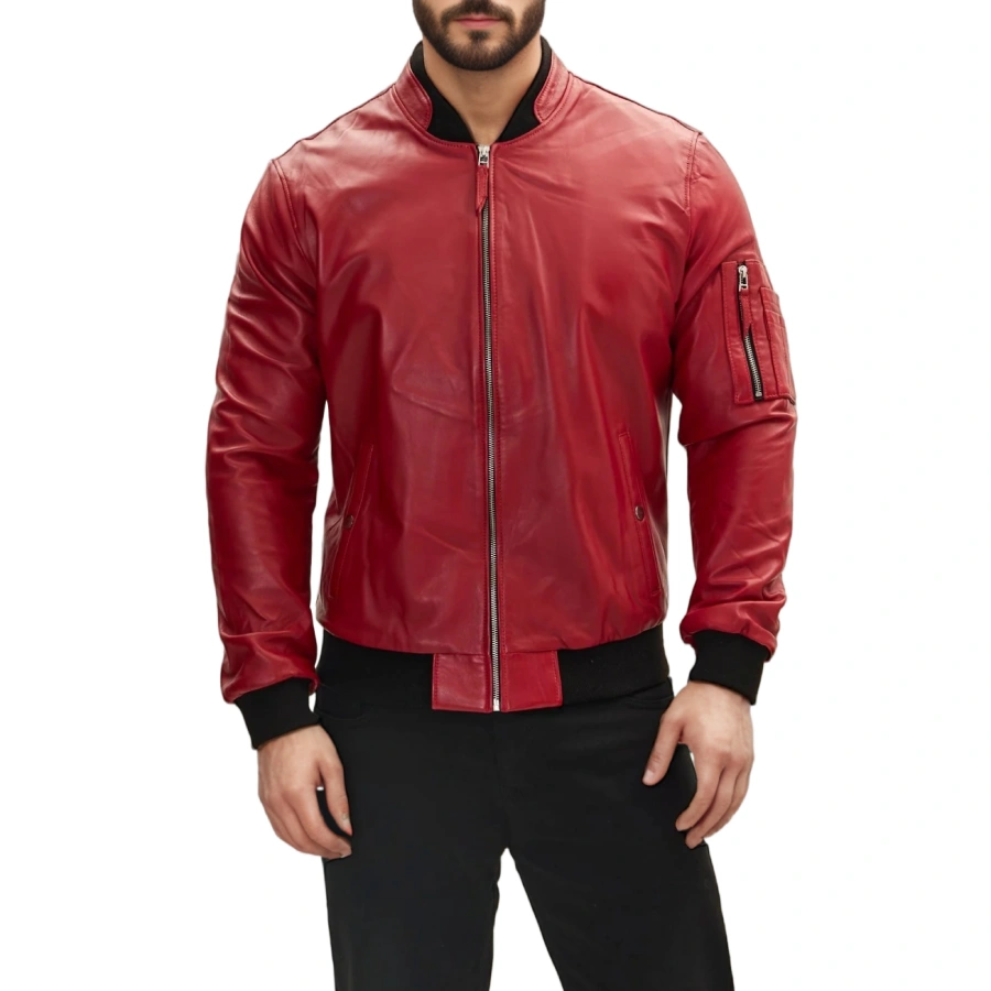 Blaze Ma-1 Red Leather Bomber Jacket | MA-1 Bomber Jackets for Men