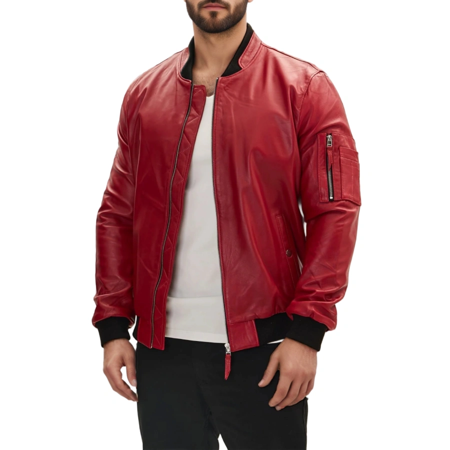 Right side perspective of men's red genuine leather bomber jacket, showcasing zipper details on the sleeve pocket and the jacket’s modern tailored silhouette.