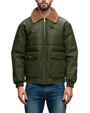 Men’s olive green leather bomber jacket with brown shearling collar, front zipper closure, and dual button-flap pockets, showcased in a clean front-facing standing pose